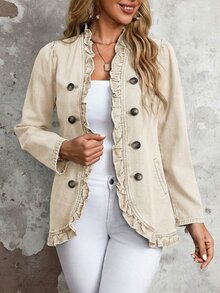 EMERY ROSE Chaqueta vaquera de doble botonadura con volantes para tallas grandes - Beis - Ver 1