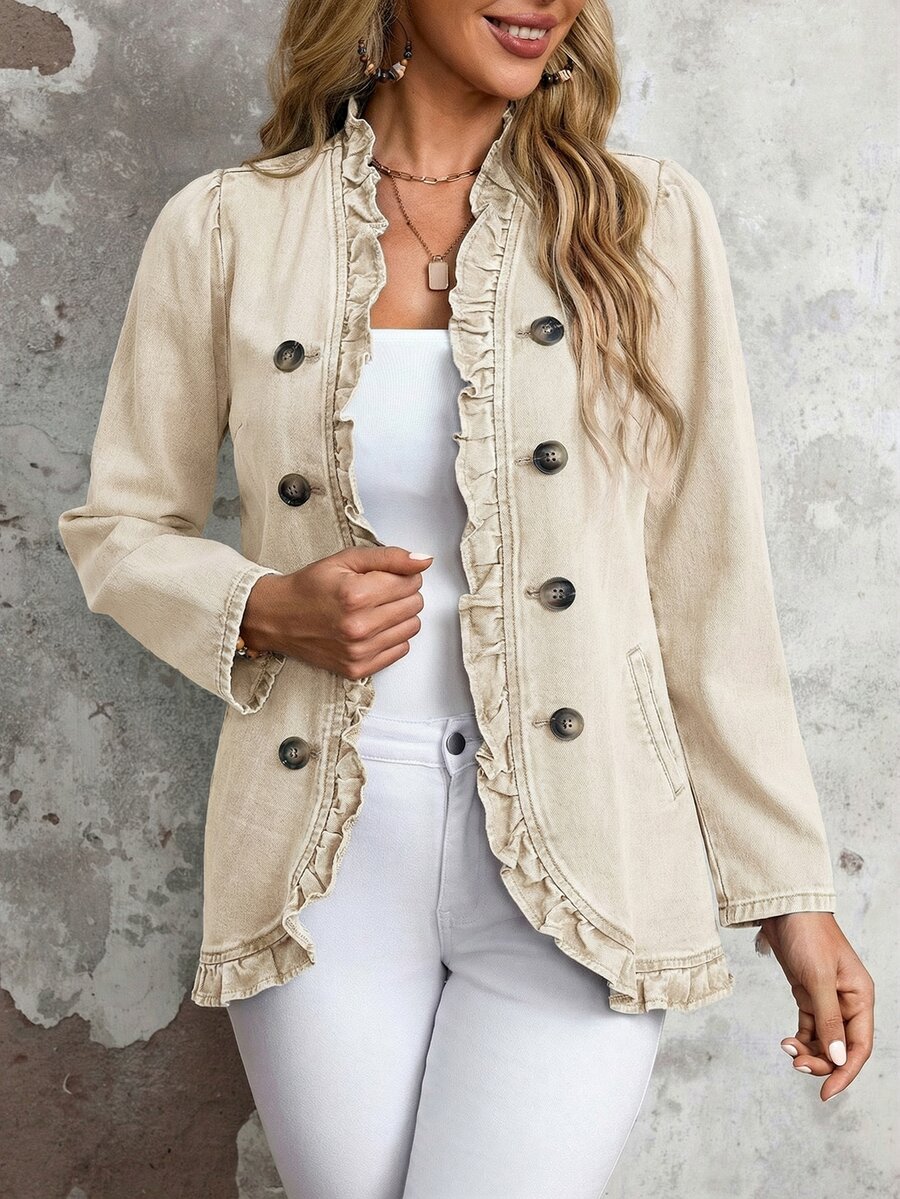 EMERY ROSE Chaqueta vaquera de doble botonadura con volantes para tallas grandes - Beis - Ver 1