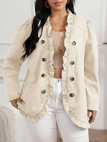EMERY ROSE Chaqueta vaquera de doble botonadura con volantes para tallas grandes - Beis - Ver 5