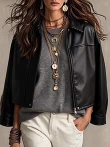 SHEIN PariChic Vintage Black Jacket Loose Silhouette Motorcycle Style Leather Coat For Women/Versatile/Daily/Commute Top - Black - View 3