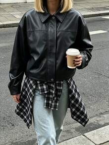 SHEIN PariChic Vintage Black Jacket Loose Silhouette Motorcycle Style Leather Coat For Women/Versatile/Daily/Commute Top - Black - View 6