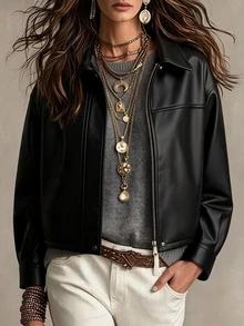 SHEIN PariChic Vintage Black Jacket Loose Silhouette Motorcycle Style Leather Coat For Women/Versatile/Daily/Commute Top - Black - View 1