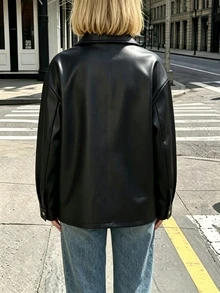 SHEIN PariChic Vintage Black Jacket Loose Silhouette Motorcycle Style Leather Coat For Women/Versatile/Daily/Commute Top - Black - View 2