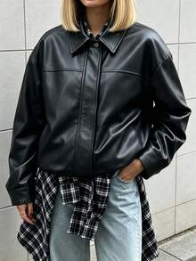 SHEIN PariChic Vintage Black Jacket Loose Silhouette Motorcycle Style Leather Coat For Women/Versatile/Daily/Commute Top - Black - View 4