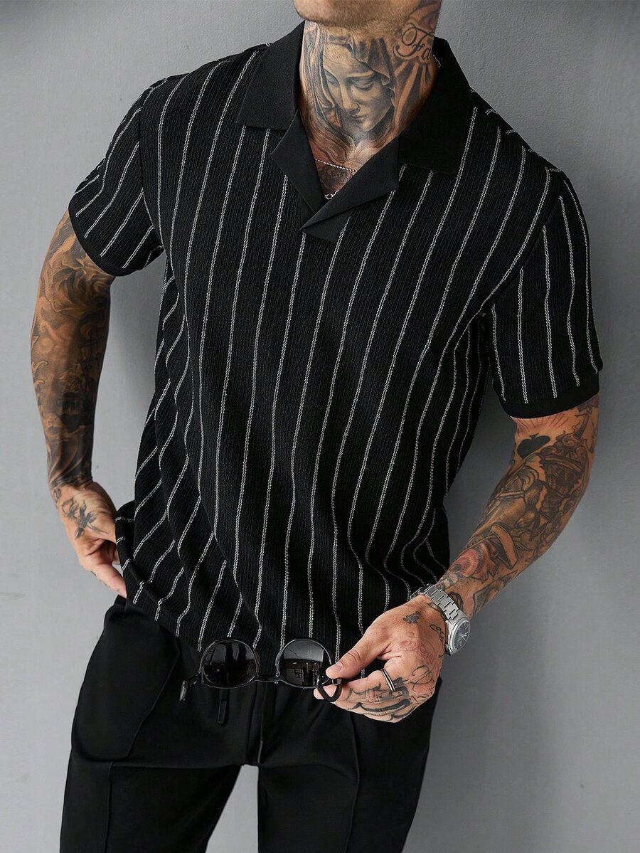 SLATEMANN Men's Versatile Jacquard Short Sleeve Polo Shirt And Drawstring Waist Cargo Pants Set - Black - View 1