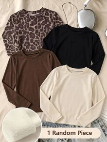 SHEIN Sparklyn 青少年女孩抓絨秋季上衣 極簡百搭保暖 燕麥色 米色 白色 修身長袖圓領 百搭休閒上衣 T恤 - 白色 - 查看 2
