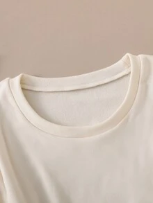SHEIN Sparklyn 青少年女孩抓絨秋季上衣 極簡百搭保暖 燕麥色 米色 白色 修身長袖圓領 百搭休閒上衣 T恤 - 白色 - 查看 6