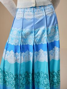 LOTSLUV 女款夏季優雅浪漫通勤派對與場合穿著，淺藍色仿蕾絲印花，12片大裙擺超大容量婚禮裙 - 藍色 - 查看 9