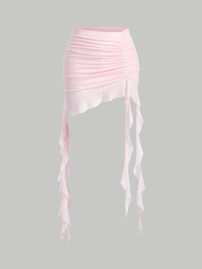 Sweetina Spring Ruched Ruffle Trim Ruffle Hem Mesh Black Skirt