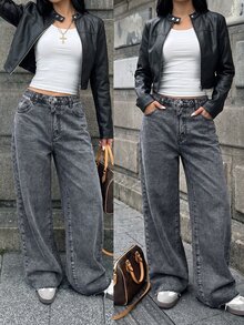 Sparklyn 青少年女孩休閒寬鬆直筒牛仔褲，彈性腰帶，淺色水洗丹寧，柔軟舒適棉質面料，百搭日常風格，寬腿版型，適合日常穿著、通勤、聚會與外出 - 黑色 - 查看 1