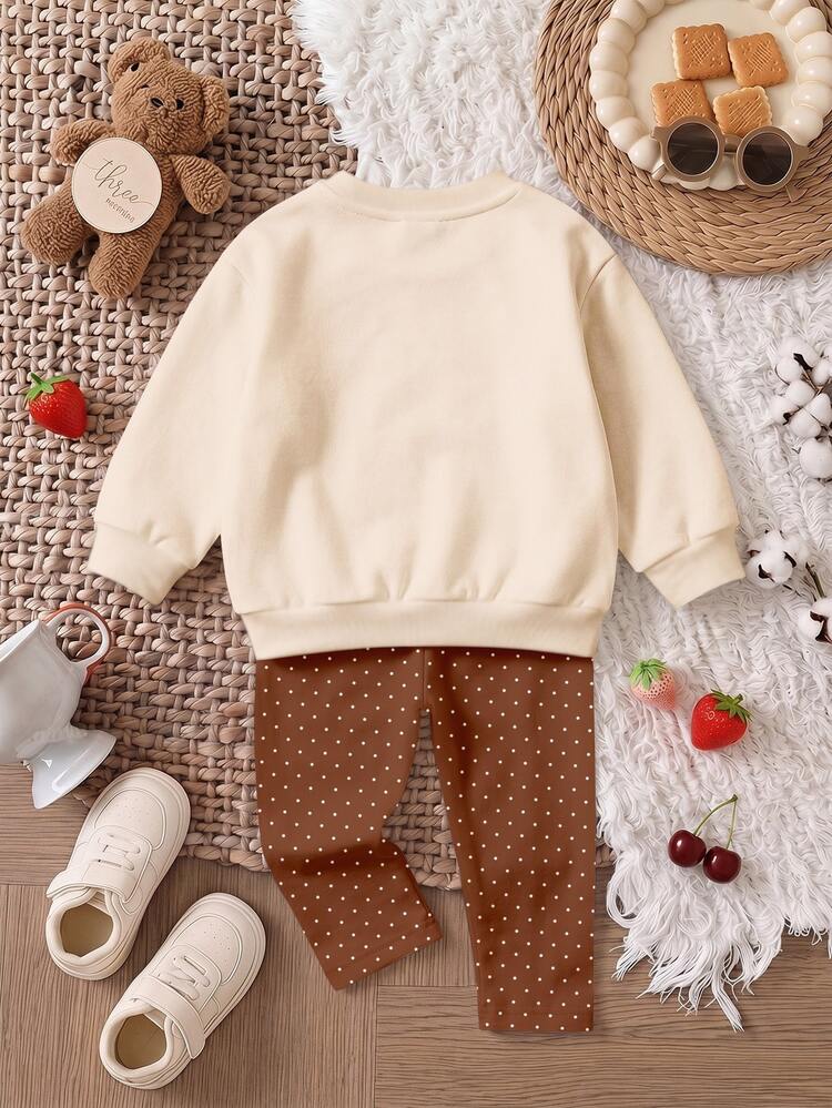 Cute Vintage Girl Hand-Drawn 3D Wavy Edge Bow Pattern Print, Baby Girl Casual Soft Comfortable Loose Crew Neck Pullover Sweatshirt And Polka Dot Brushed Fleece Leggings 2-Piece Set, New Style Suitable For Autumn/Winter Daily, School, Outings, Halloween, Christmas, Relaxed Fashion, Pastoral Countryside, Autumn/Winter Travel - Multicolor - View 2