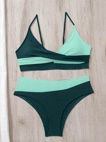 SHEIN Swim Women's Summer Beach Colorblock Sexy Cross Front Bikini Set - Multicolor - View 3