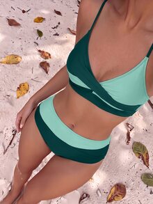 SHEIN Swim Women's Summer Beach Colorblock Sexy Cross Front Bikini Set - Multicolor - View 4