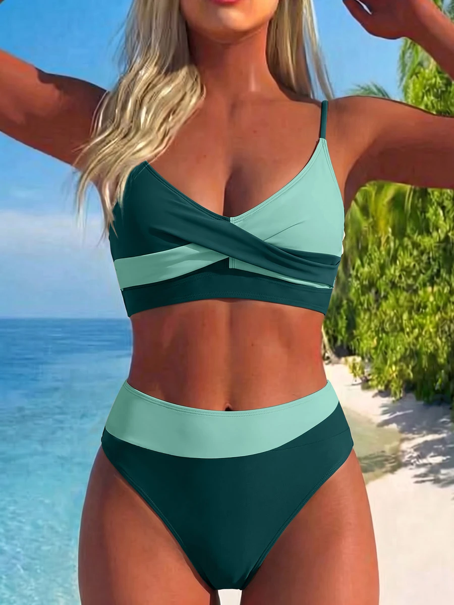 SHEIN Swim Women's Summer Beach Colorblock Sexy Cross Front Bikini Set - Multicolor - View 1