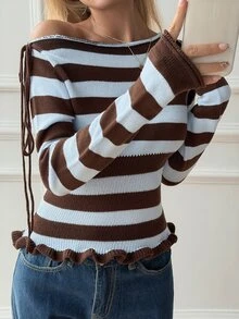 DAZY Women's Brown Striped Asymmetric Neck Long Sleeve Tie Design Fitted Sweater Autumn Brunch French Casual - Blue - View 8