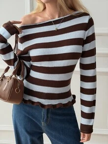 DAZY Women's Brown Striped Asymmetric Neck Long Sleeve Tie Design Fitted Sweater Autumn Brunch French Casual - Blue - View 5
