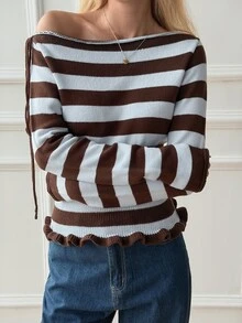DAZY Women's Brown Striped Asymmetric Neck Long Sleeve Tie Design Fitted Sweater Autumn Brunch French Casual - Blue - View 4