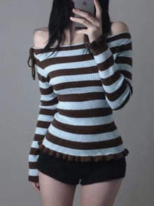 DAZY Women's Brown Striped Asymmetric Neck Long Sleeve Tie Design Fitted Sweater Autumn Brunch French Casual - Blue - View 1
