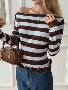 DAZY Women's Brown Striped Asymmetric Neck Long Sleeve Tie Design Fitted Sweater Autumn Brunch French Casual - Blue - View 7