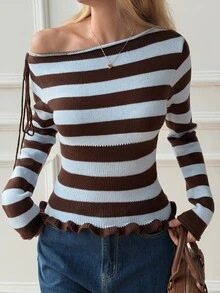 DAZY Women's Brown Striped Asymmetric Neck Long Sleeve Tie Design Fitted Sweater Autumn Brunch French Casual - Blue - View 10