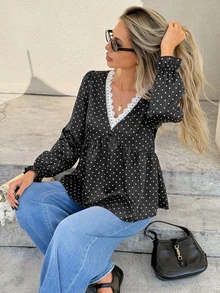Serisse Women's Sexy Fashion Polka Dot Print Lace Patchwork Blouse - Black - View 5