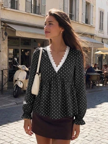Serisse Women's Sexy Fashion Polka Dot Print Lace Patchwork Blouse - Black - View 8