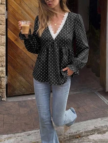 Serisse Women's Sexy Fashion Polka Dot Print Lace Patchwork Blouse - Black - View 11