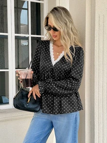 Serisse Women's Sexy Fashion Polka Dot Print Lace Patchwork Blouse - Black - View 6