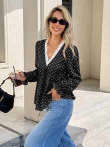 Serisse Women's Sexy Fashion Polka Dot Print Lace Patchwork Blouse - Black - View 3