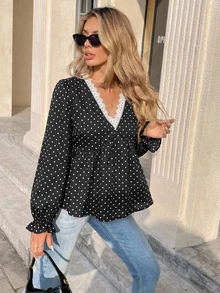 Serisse Women's Sexy Fashion Polka Dot Print Lace Patchwork Blouse - Black - View 13