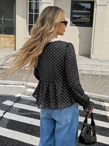 Serisse Women's Sexy Fashion Polka Dot Print Lace Patchwork Blouse - Black - View 2