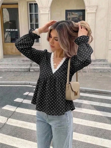 Serisse Women's Sexy Fashion Polka Dot Print Lace Patchwork Blouse - Black - View 1