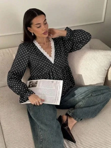 Serisse Women's Sexy Fashion Polka Dot Print Lace Patchwork Blouse - Black - View 9