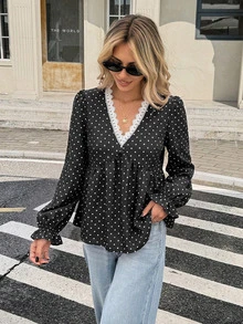 Serisse Women's Sexy Fashion Polka Dot Print Lace Patchwork Blouse - Black - View 4