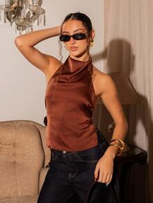 juhmazzocco Backless Tie Strap Sleeveless Minimalist Design Summer Camisole - Brown - View 3