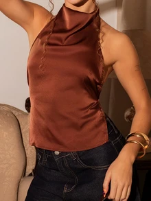juhmazzocco Backless Tie Strap Sleeveless Minimalist Design Summer Camisole - Brown - View 5