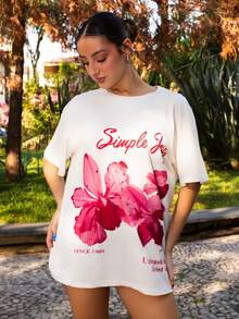 juhmazzocco Women's Letter & Floral Print Round Neck Casual Versatile Daily Wear Short Sleeve T-Shirt - Multicolor - View 1