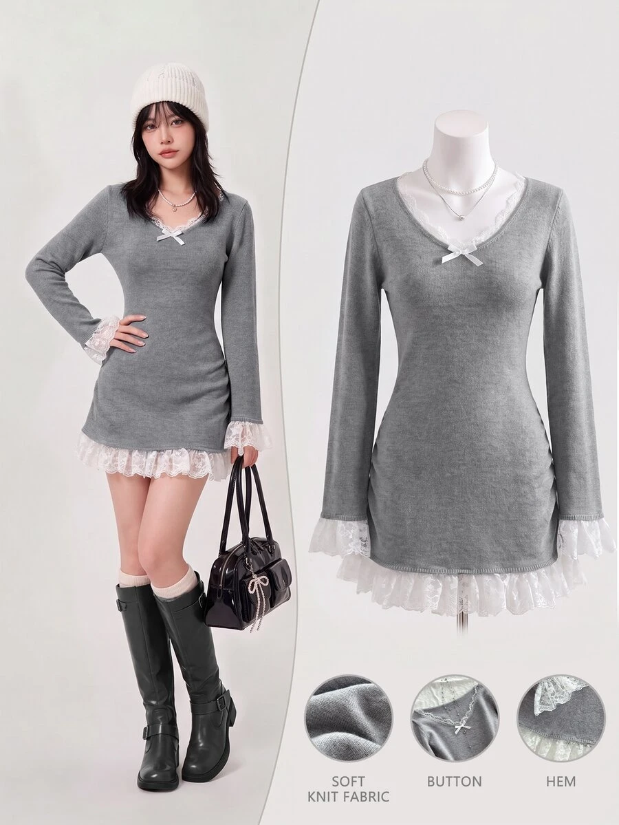 Elamini Women Sweater Dresses - Grey - View 1