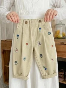 SHEIN LMoss Kids 女嬰花卉刺繡圖案卡其色牛仔寬鬆錐形褲 - 卡其色 - 查看 3