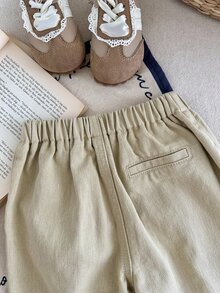 SHEIN LMoss Kids 女嬰花卉刺繡圖案卡其色牛仔寬鬆錐形褲 - 卡其色 - 查看 5