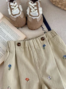 SHEIN LMoss Kids 女嬰花卉刺繡圖案卡其色牛仔寬鬆錐形褲 - 卡其色 - 查看 6