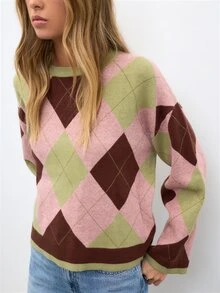 Nöista Sweater Rajut Argyle Warna Pink, Olive, dan Cokelat dengan Kerah Bulat Bergaris dan Lengan Mengembang. Cocok untuk Musim Gugur dan Musim Dingin, Kemahasiswaan, Rombhus, Tampilan Sehari-hari, dan Halloween. - Berwarna merah muda - View 2