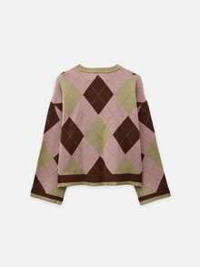 Nöista Sweater Rajut Argyle Warna Pink, Olive, dan Cokelat dengan Kerah Bulat Bergaris dan Lengan Mengembang. Cocok untuk Musim Gugur dan Musim Dingin, Kemahasiswaan, Rombhus, Tampilan Sehari-hari, dan Halloween. - Berwarna merah muda - View 10