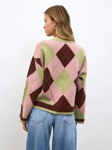Nöista Sweater Rajut Argyle Warna Pink, Olive, dan Cokelat dengan Kerah Bulat Bergaris dan Lengan Mengembang. Cocok untuk Musim Gugur dan Musim Dingin, Kemahasiswaan, Rombhus, Tampilan Sehari-hari, dan Halloween. - Berwarna merah muda - View 5