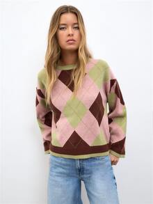 Nöista Sweater Rajut Argyle Warna Pink, Olive, dan Cokelat dengan Kerah Bulat Bergaris dan Lengan Mengembang. Cocok untuk Musim Gugur dan Musim Dingin, Kemahasiswaan, Rombhus, Tampilan Sehari-hari, dan Halloween. - Berwarna merah muda - View 3