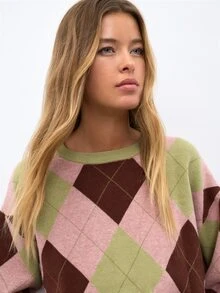 Nöista Sweater Rajut Argyle Warna Pink, Olive, dan Cokelat dengan Kerah Bulat Bergaris dan Lengan Mengembang. Cocok untuk Musim Gugur dan Musim Dingin, Kemahasiswaan, Rombhus, Tampilan Sehari-hari, dan Halloween. - Berwarna merah muda - View 6