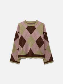 Nöista Sweater Rajut Argyle Warna Pink, Olive, dan Cokelat dengan Kerah Bulat Bergaris dan Lengan Mengembang. Cocok untuk Musim Gugur dan Musim Dingin, Kemahasiswaan, Rombhus, Tampilan Sehari-hari, dan Halloween. - Berwarna merah muda - View 9