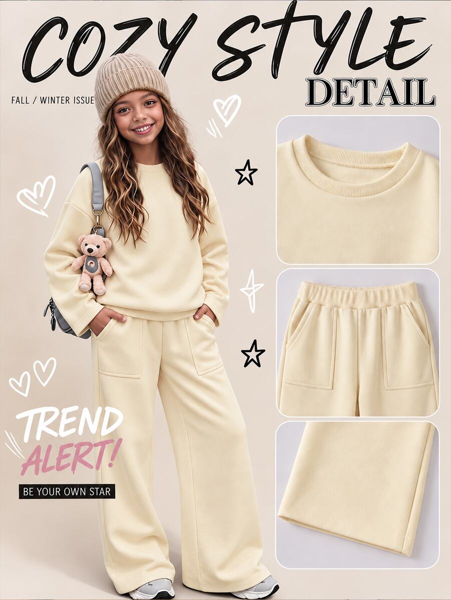 Tween Girls Fall Outfits Fall Hoodie & Sweatshirt Co-Ords, Holiday Outfits, Casual, Comfortable, Daily, Cute - Apricot - View 1