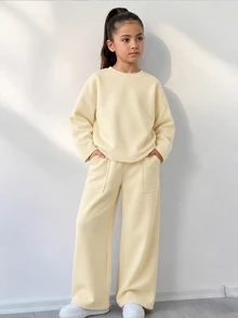 青少年女孩秋季套裝 秋季連帽衫與運動衫套裝，假日穿搭，休閒舒適，日常可愛 - 杏色 - 查看 4