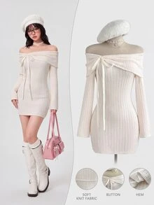 Elamini Women's Autumn/Winter Off-Shoulder Cinched Waist Bow Decor Sweet Cute Exquisite Versatile Atmosphere Long Sleeve Knit Dress - Baby Pink - View 3